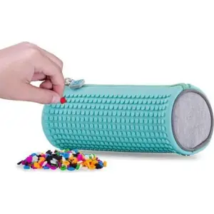 Pencil Case PIXIE PIXIE CREW round zippered pouch, gray with turquoise panel
