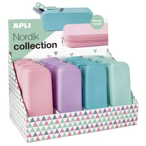 Pencil case Apli AP17408 — fabric zipper pouch, assorted colours Blue/Green/Mauve/Rose, pack of 12