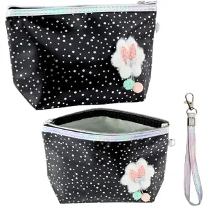 Pencil Case / Cosmetic Bag Lean model 22039, black with shiny polka dots, 23×16 cm