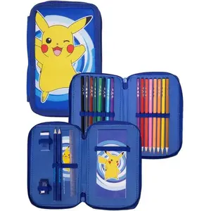Zīmuli futlāris 2 nodalījumi Mga POKÉMON, 300D poliesters, 19.5×12.5×5 cm, komplektā lineāls, zīmuļi, asināmais, dzēšgumija, piezīmju blociņš, 16 krāsainie zīmuļi