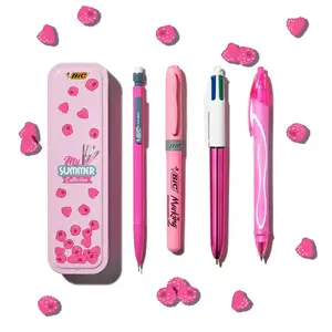 Clip-on retractable ballpoint pens BIC Summer Pink Box — 5 pcs, black/blue/green/red ink, pink case
