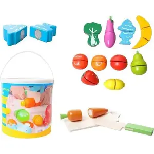 Wooden play vegetables set in bucket, Ikonka — children's pretend-play cutting toy