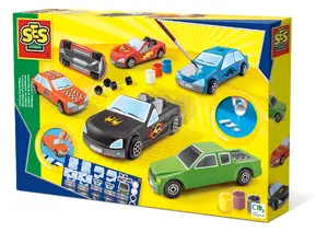 Bērnu liešanas un krāsošanas komplekts SES Casting and painting - Cars: ģipša forma, 6 krāsas, ota, uzlīmes, riteņi — 5+