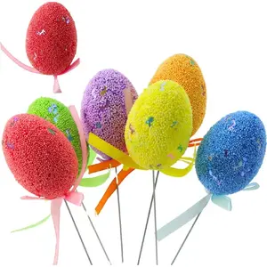 Lean Easter Egg Decorations on Wire Pick, colored musical-note pattern, ribbon, pack of 6