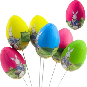 Decorative Easter Egg Set Lean — 6pcs on Wire Picks with Bunny and Basket (MPN 21310)