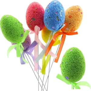 Decorative Easter Egg Ornaments Lean 6 pcs on Wire Picks, Colorful Patterns, Ribbon Accents