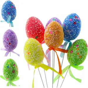 Decorative Easter Eggs on Wire Stem Lean set of 6 — white with colored patterns and ribbon
