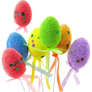 Decorative Easter Eggs on Wire Pins Lean 6 pcs — colorful leaves and ribbon ornaments