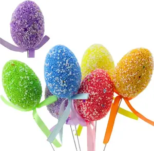Decorative Easter Egg Ornaments on Wire Stems Lean 6 pcs, colorful patterns with ribbon
