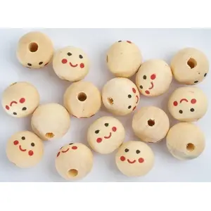 Wooden beads FANDY 20 mm — Faces design, pack of 6