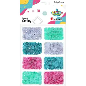 Sequins Titanum 6 mm round, 4 colors, pack contains 4 x 3 g