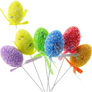 Lean decorative Easter eggs on wire pick, set of 6, colorful patterns with ribbon, model 21313