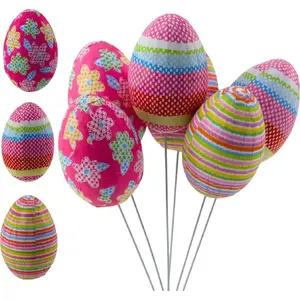 Decorative Easter Egg Picks Lean 6 pcs — assorted colors, dot/flower/stripe patterns on wire stems