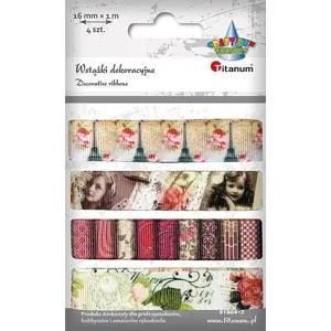 Fabric ribbons Titanum 16 mm x 4×1 m, 4 colors — birds and vintage flowers pattern