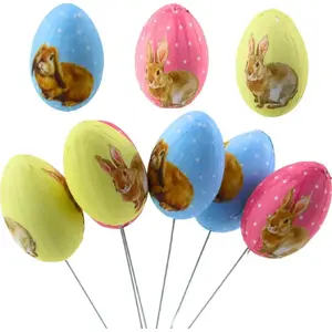 Decorative Easter Egg Picks with Bunnies, Lean, pack of 6 — colorful on wire stems