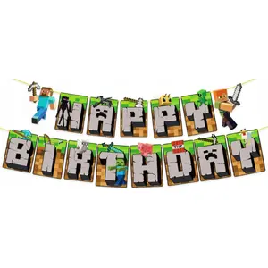 Banner GoDan Minecraft Happy Birthday - decorative party banner for cake toppers and photo backdrop
