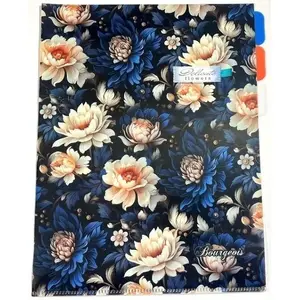 A4+ Plastic Document Folder Fresh with 3 Compartments, Transparent Floral Pattern