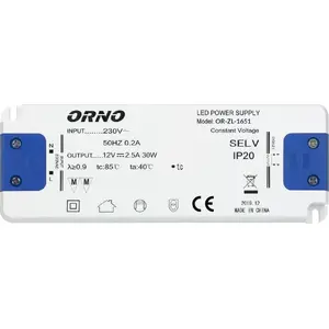 Power supply ORNO OR-ZL-1651 12V DC 30W flat LED driver, IP20, 18 mm height