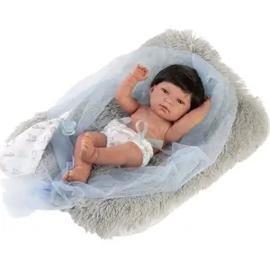 Doll Llorens 73803 vinyl baby 40 cm with gray soft pillow and blue muslin comforter