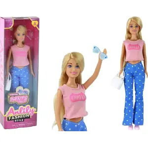 Leļļa LEANToys Anlily ar garām blondo matiem, rozā blūzi, somiņu un saulesbrillēm
