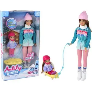 Leļļu komplekts LEANToys Anlily: mamma ar meitu uz ragavām, figūras un aksesuāri