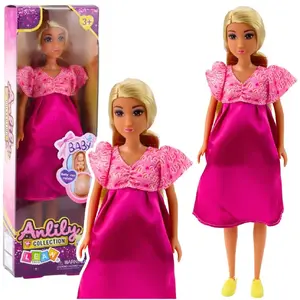 Lelle LEANToys Anlily grūtniece rozā satīna kleita gari mati modelis 24488