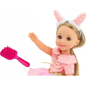 Lelle LEANToys 38 cm ar gariem matiem, rozā kleitu, galvas lentu un suku