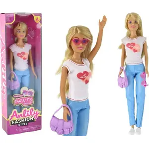 Lelle LEANToys Anlily ar gariem blondiem matiem, apģērbu un aksesuāriem (somiņa, brillītes, balta blūze)