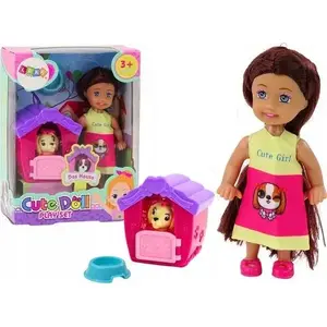Leļļu komplekts LEANToys Mini ar gariem matiem, krāsainu kleitu un suņu būdu, modelis 18197
