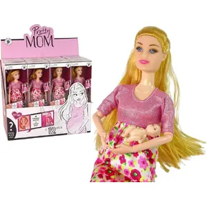 Lelle bērniem LEANToys modelis 15735 — grūtnieces lelle rozā ziedu kleitā