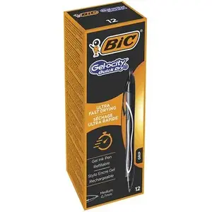 Staples BIC Gel-ocity Quick Dry clip-on retractable ballpoint pen — black ink, medium tip, pack of 12