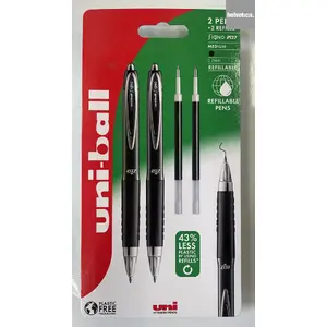 Pen set uni-ball Signo 207 fine — 2 black roller pens with 2 refills, 0.5 mm tip, rubber grip
