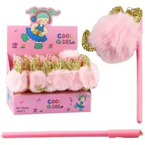Gel Pen Lean with Cap and Pink Pompom, Blue Ink, 17 cm, 0.5 mm
