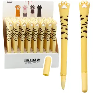 Gel Pen Lean — Blue Ink, Yellow Striped Cap, Cat Paw Design, 16.5 cm