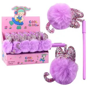 Gel Pen Lean with Cap and Purple Pompom, Blue Ink, 17 cm, 0.5 mm