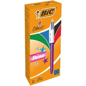 Многофункциональная шариковая ручка BIC 4 Colours Shine — фиолетовый корпус, многоцветные чернила, средний пишущий наконечник, упаковка 12 шт.