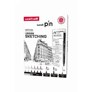 Sketchēšanas komplekts uni-ball Uni Pin Urban Sketching Box — 8 uni pin pildspalvas + zīmulis 0,5 mm, dāvanu komplekts