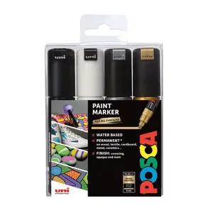 Набор маркеров POSCA PC-8K 4pc Mono Pack — 4 цвета (чёрный, золото, серебро, белый), блистер, Япония