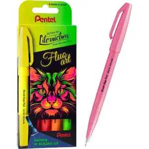Набор кистевых маркеров PENTEL Brush Sign Pen Fluo Art UV — 5 флуоресцентных цветов, кистевой наконечник