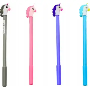 Ballpoint pen LEANToys model 16758 with unicorn cap, black ink, 0.5 mm tip, mixed barrel colors (gray, purple)