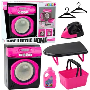 Игрушечная интерактивная стиральная машина LEANToys с звуком и аксессуарами, черно-розовая