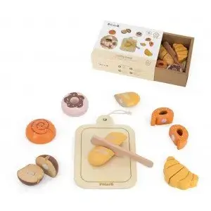 EcoToys 6811 koka griešanas dēlītis ar maizes izstrādājumu komplektu