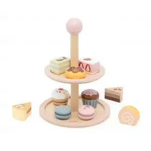 Koka desertu komplekts viga toys PolarB 44284 – makaroniki un mini kūciņas rotaļu spēlēm