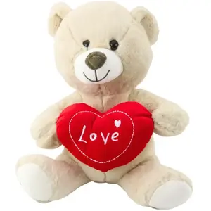 Plush Teddy Bear with Heart LEANToys 30 cm — Cream Beige