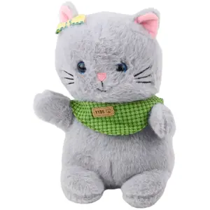 Plush Cuddly Toy Cat LEANToys 22 cm, Grey with Green Scarf and Bow