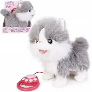 Soft toy Artyk walking cat on a leash gray-white interactive plush