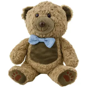 Plush Cuddly Toy Bear LEANToys 30 cm, light brown with blue bow