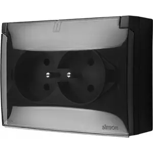 Electrical outlet double compact with grounding, transparent flap, IP44, black — Kontakt-Simon ACGZ2/49A