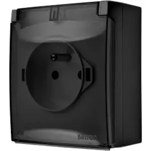Розетка Kontakt-Simon Aquaclick одиночная с заземлением, быстрозажимные клеммы, прозрачная крышка, IP44, чёрная ACGZ1C/49A
