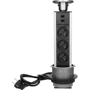 Furniture pop-up power outlet ORNO FS-17 triple 3x2P+Z with USB charger and 1.8 m cord, inox